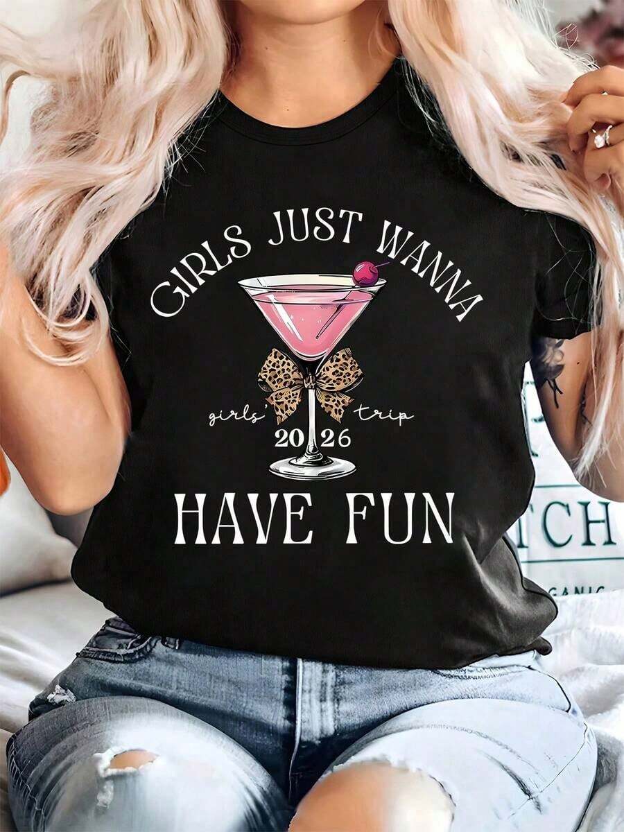 Plus Size - I Just Want To Have Fun - 'Trip 2026.Fun' Print. Trip 2026 Plus Size Letter Print T-Shirt, Casual Short Sleeve Crew Neck Top For Women, Women's T-Shirt, Summer And Spring, Cute, Fun, Plus Size Clothing For Women. - 黑色 - 查看 1