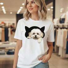 GiftCamia Women's Pure Cotton Cat And Puppy Ear Print Casual Short Sleeve Loose Fit Crew Neck Graphic Top, Available In Sizes, Cute Animal Design, Soft And Breathable Fabric, Fashionable For Everyday Wear, 100% Cotton. Soft - 白色的 - 查看 6