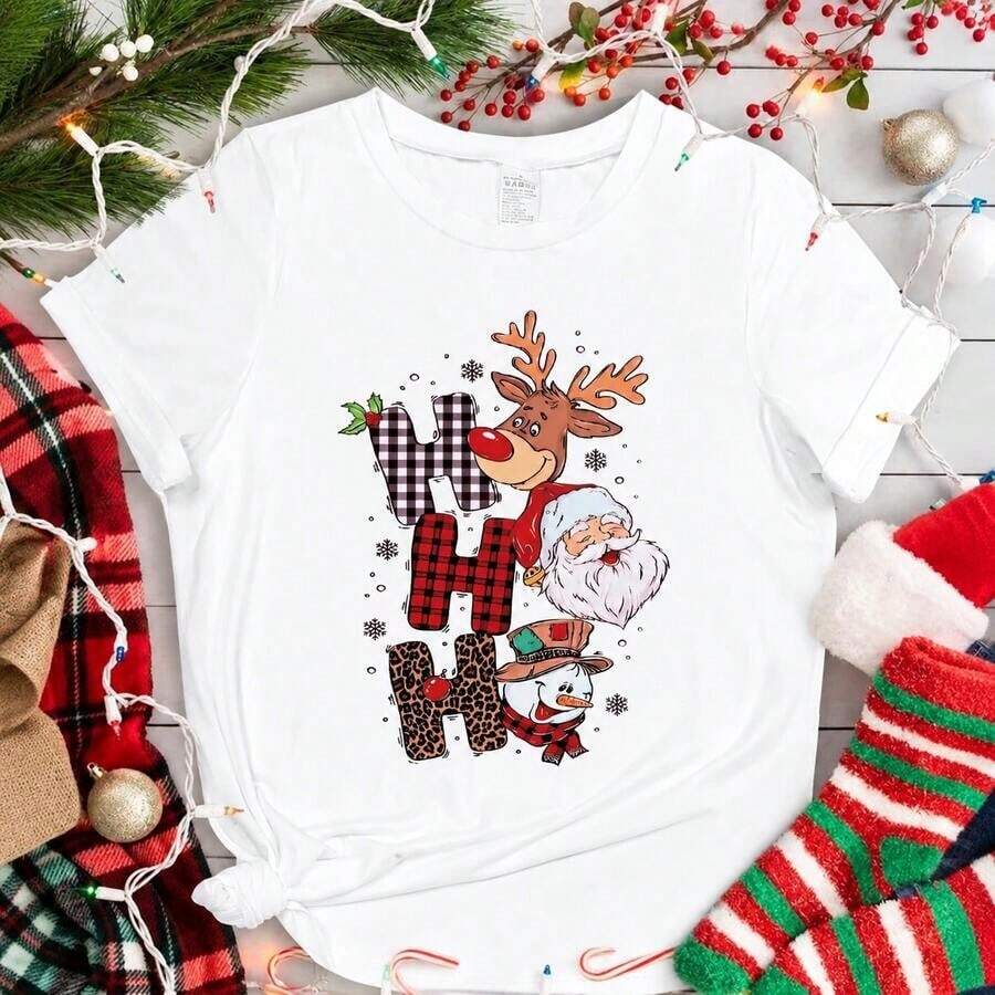 GiftSanta Claus Short Sleeve Christmas T-Shirt With Round Neck, Breathable Graphic Print Of Santa Claus, Letter H, Snowman And Reindeer, Casual Shirt, New Christmas Gift For Women, TopSoft - 白色 - 查看 1