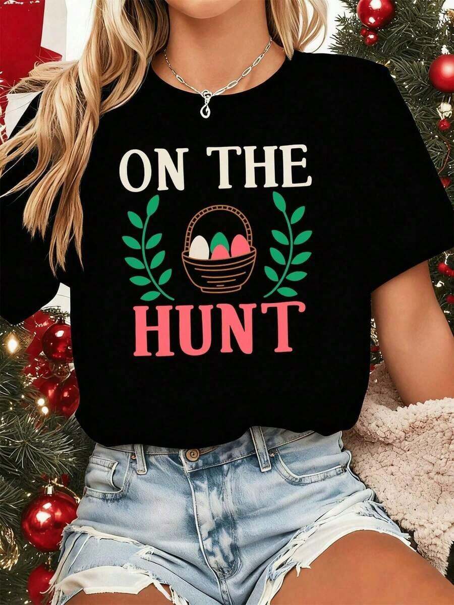 100% Cotton Easter Egg Hunt Graphic T-Shirt, 100% Cotton, Loose Fit, Comfortable, Urban Hip-Hop Style, Artistic Print. Women's Simple Solid Color T-Shirt, Loose And Slim Fit Casual Short Sleeve - 黑色 - 查看 1