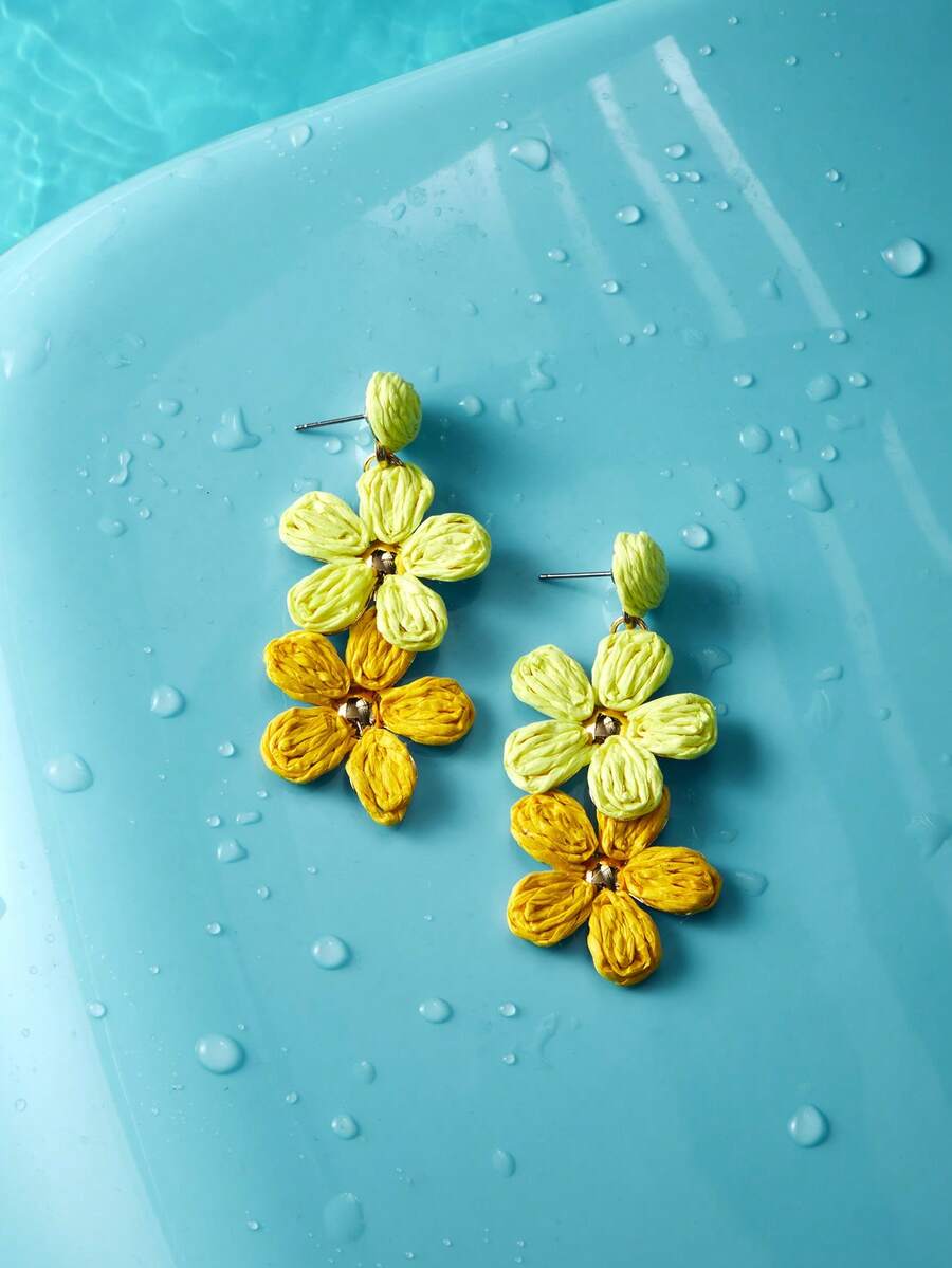 Trivaya 1 Pair Handmade Gradient Color Flower Rattan Earrings, Bohemian Style, Minimalist Design, Floral Tassel Earrings, Suitable For Women's Daily, Vacation, Party Wear - Yellow - View 1