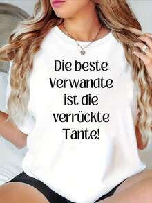 "German Fun Kinship Crazy Aunt" Printed T-Shirt, Short Sleeve, Round Neck, Casual Top For Summer And Spring, Women's Clothing. - 白色 - 查看 8