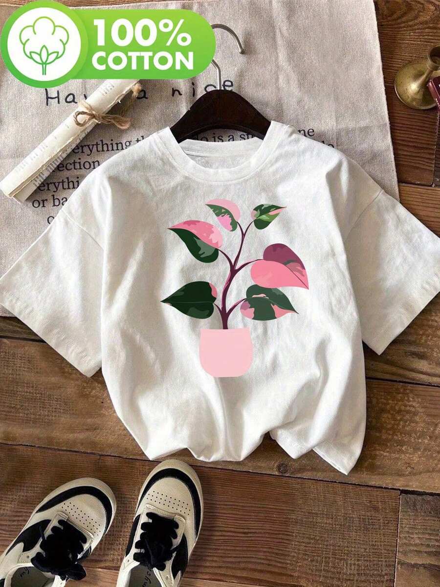 Pink Leaf Plant In Pink Pot, Rare Philodendron 'Princess Pink' Plant, A Gift For Collectors, Casual Short Sleeve Round Neck Blouse, For Summer And Spring, Women's Blouses. - 白色 - 查看 1