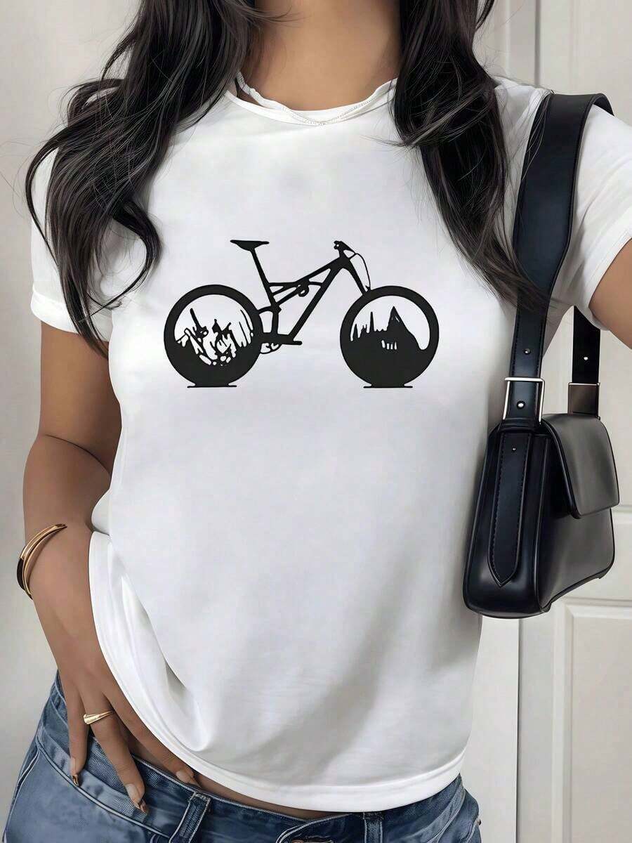 2026 New Cotton Shirt - 100% Cotton. Bicycle Formed By Mountain And Tree Landscapes Symbolizing Freedom And Connection With Nature. Women's T-Shirt, Soft And Comfortable For Everyday Wear. Women's Simple Solid Color Shirt, Loose And Casual Short Sleeve - 白色的 - 查看 1