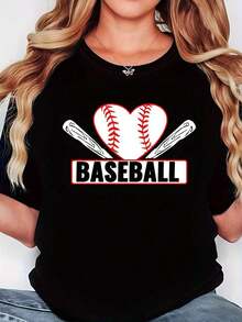 FashionNEW New Women's T-Shirt, 1 Piece Pack, T-Shirt With A Striking Baseball Design In Contrasting Red And White, Featuring A Heart-Shaped Design Composed Of Baseball Texture And Crossed Baseball Bats, Black Short-Sleeved Crew Neck Printed T-Shirt - Machine Washable, Suitable For Spring, Summer And Autumn, Casual Style, Comfortable And Loose, Modern Design, Versatile For Everyday Wear, Soft Fabric, Tshirtstops Women's - Pure Cotton Short Sleeve Crew Neck T-Shirt, Urban Vintage Style, Unisex Loose Fit. - 黑色 - 查看 1