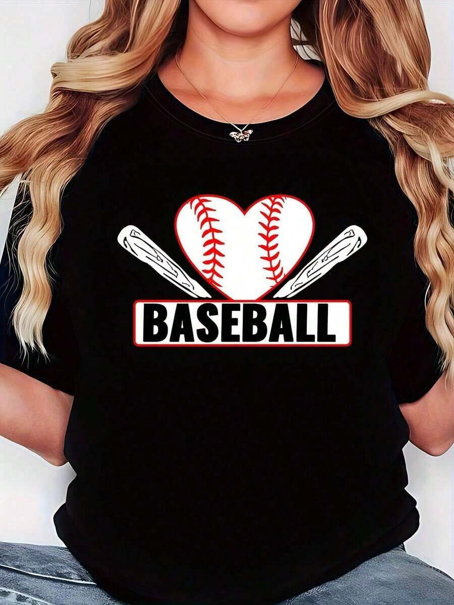 FashionNEW New Women's T-Shirt, 1 Piece Pack, T-Shirt With A Striking Baseball Design In Contrasting Red And White, Featuring A Heart-Shaped Design Composed Of Baseball Texture And Crossed Baseball Bats, Black Short-Sleeved Crew Neck Printed T-Shirt - Machine Washable, Suitable For Spring, Summer And Autumn, Casual Style, Comfortable And Loose, Modern Design, Versatile For Everyday Wear, Soft Fabric, Tshirtstops Women's - Pure Cotton Short Sleeve Crew Neck T-Shirt, Urban Vintage Style, Unisex Loose Fit. - 黑色 - 查看 1