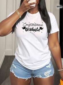 Camiseta Deportiva Casual para Mujer con Gráfico Felicidades Graduado - Camiseta Elástica de Cuello Redondo, Lavable aáquina, Ajuste Cómodo para Todas las Estaciones, Perfecta para Celebrar Graduaciones, Combínala con Shorts de Mezclilla Desgastados. - Blanco - Ver 1