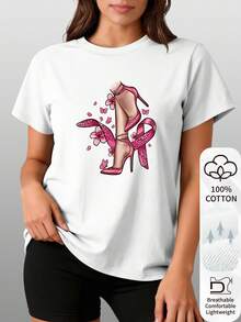 | Exquisite Design | Loose And Comfortable | Easy To Match | 100% Cotton, Printed With A High Heels And Pink Ribbons Design, Short-Sleeved T-Shirt With A Round Neck, Comfortable And Breathable For Everyday Summer Wear, Summer Clothes For Women. - White - View 1