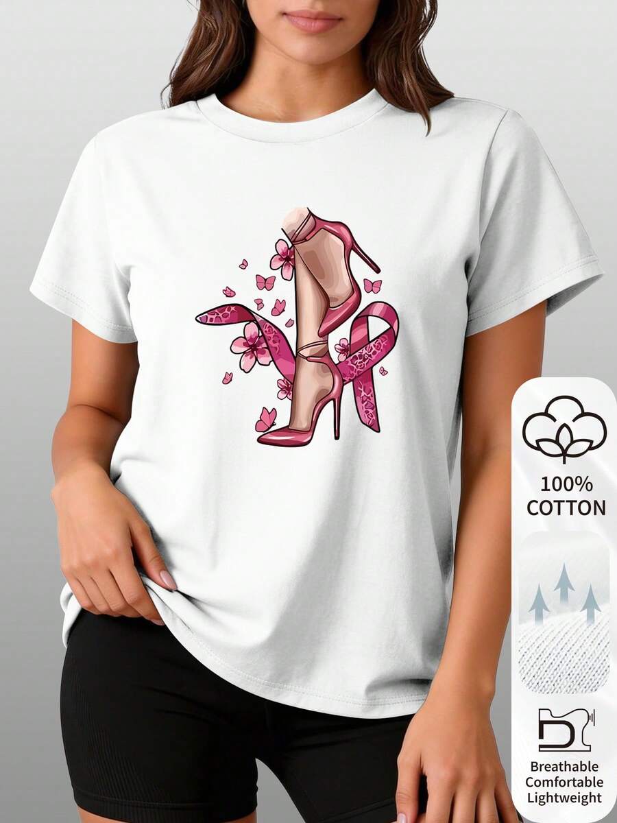| Exquisite Design | Loose And Comfortable | Easy To Match | 100% Cotton, Printed With A High Heels And Pink Ribbons Design, Short-Sleeved T-Shirt With A Round Neck, Comfortable And Breathable For Everyday Summer Wear, Summer Clothes For Women. - White - View 1