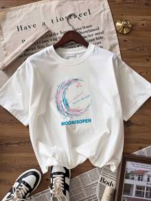 Pink And Blue Moon Print T-Shirt, Fashionable Short-Sleeved T-Shirt For Spring/Summer 2026, Made In Mexico, 180 Grams. Cartoon Print, Couple Design, Suitable For Indoor Or Outdoor Wear. Crew Neck, Unisex, Ideal For Office And Leisure. One-Pack. - WH-P631577SLNDXZGY580 - 查看 3