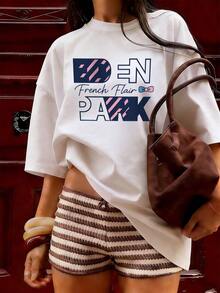 T-Shirt With "DEN PARK" And "French Flair" Text,  Short-Sleeved T-Shirt For Spring And Summer 2026, Made In Mexico, 180 Grams. Cartoon Print, Couple Design, Suitable For Indoor Or Outdoor Wear. Crew Neck, Unisex, Ideal For The Office And Leisure. One-Pack. - WH-P631577SLNDXZGY604 - 查看 4