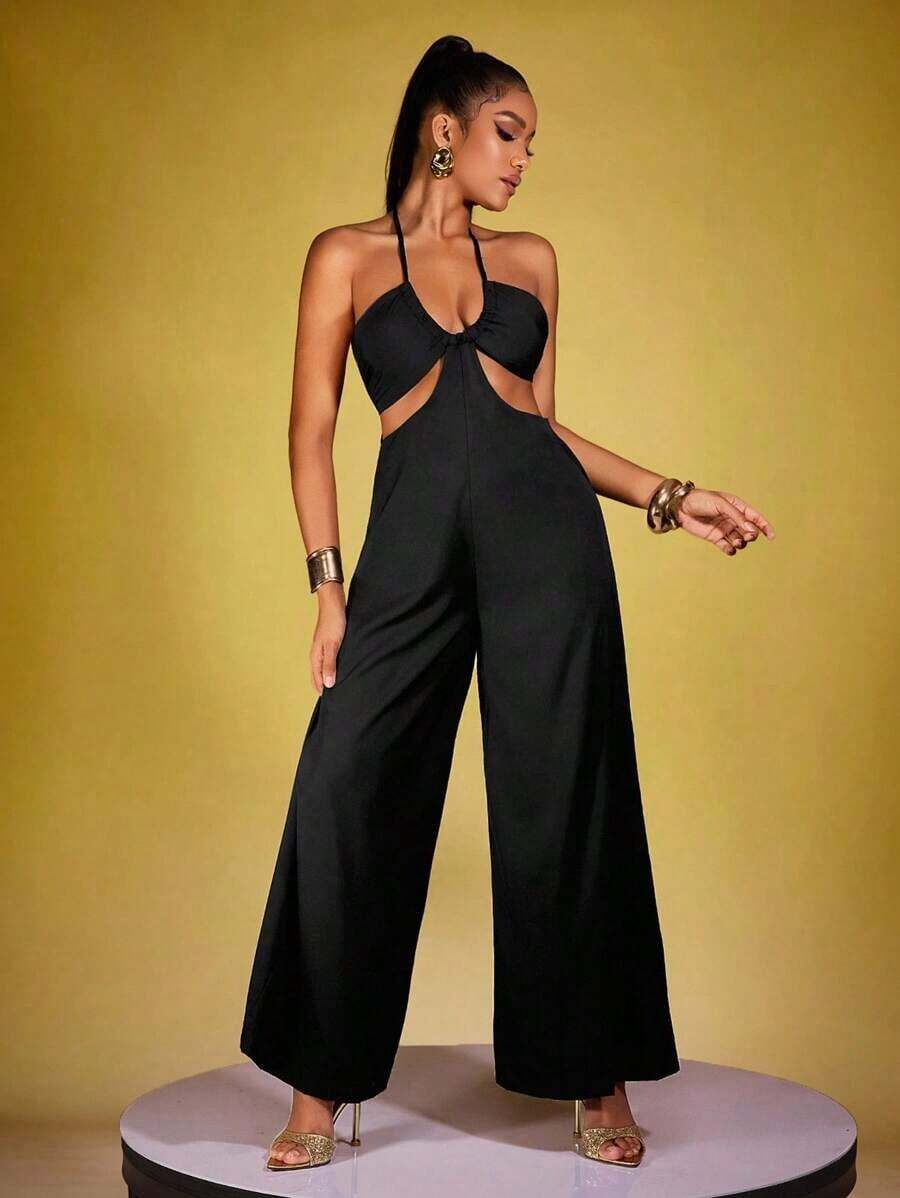 Mono sexy para mujer – Pierna ancha, espalda descubierta, cuello halter con lazo y detalles calados - Negro 2 - Ver 1