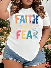 Women's Plus-Size "Faith Over Fear" Inspirational T-Shirt With A Motivational Graphic Design And Colorful Typography. A T-Shirt With A Message Of Faith And Courage, Perfect For Everyday Wear Or A Great Summer Outfit Idea. - 白色 - 查看 7