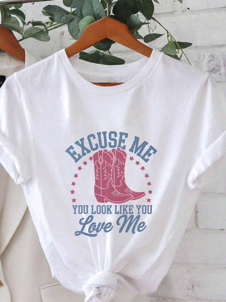Women's T-Shirt - Short-Sleeved T-Shirt With A Round Neck And A Pink Cowboy Boot And Star Print, Casual Style, Featuring The Phrase "Excuse Me You Look Like You Love Me". Spring/Summer Blouse Style, Suitable For Spring And Summer Outfits, Machine Washable. Women's Going-Out T-Shirt. - 白色 - 查看 1