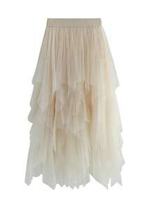 Lady S Fashionable Sexy Solid Color Mesh Skirt, Irregular Elastic Tulle Bubble Skirt, Daily Life And Vacation - 杏色 - 查看 1