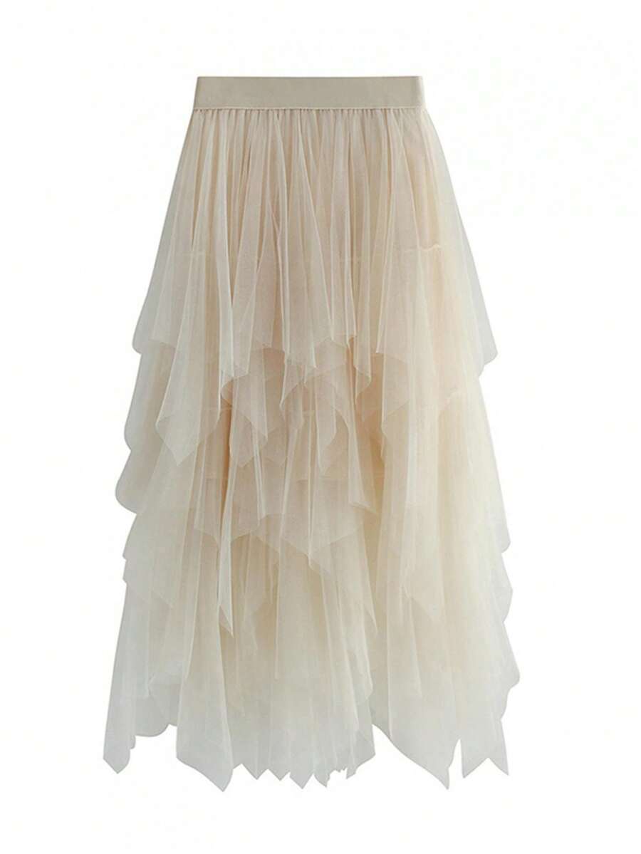 Lady S Fashionable Sexy Solid Color Mesh Skirt, Irregular Elastic Tulle Bubble Skirt, Daily Life And Vacation - 杏色 - 查看 1
