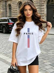 Camiseta de manga corta con cuello redondo suave y casual para mujer, el estampado gráfico de la bandera de París, Francia, es perfecto para el uso diario casual. Negro. - Blanco - Ver 2