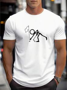Men's Short-Sleeved T-Shirt With A Crew Neck And Slim Fit, Featuring A Black Background And A Minimalist Silhouette Of A Golf Swing Drawn In White Lines, Along With A Print Of A Golf Hole And Flagpole. Exclusively For Golf Enthusiasts, This Versatile Garment Is Perfect For Everyday Wear. - 白色 - 查看 1