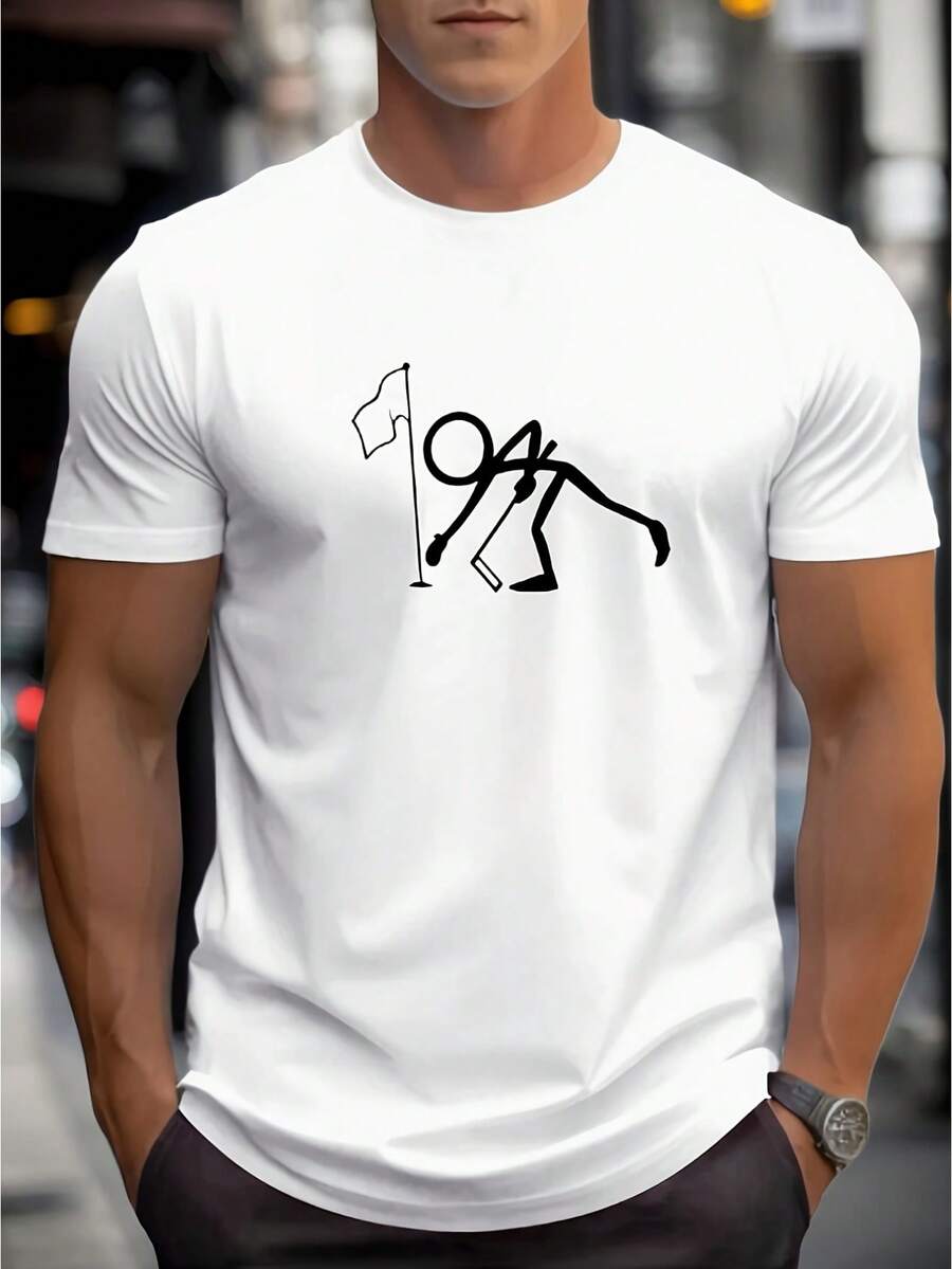 Men's Short-Sleeved T-Shirt With A Crew Neck And Slim Fit, Featuring A Black Background And A Minimalist Silhouette Of A Golf Swing Drawn In White Lines, Along With A Print Of A Golf Hole And Flagpole. Exclusively For Golf Enthusiasts, This Versatile Garment Is Perfect For Everyday Wear. - 白色 - 查看 1