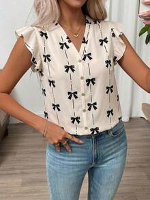 Clasi Blusa de mujer de verano con cuello en V y mangas cortas con estampado floral - Albaricoque - Ver 6