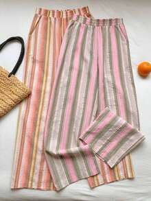 Conjunto de 2 pantalones de mujer 100% algodón blanco con rayas azules, nuevo para verano y primavera 2026.Adecuado para vacaciones, Pascua, Día de San Patricio, salir, fiesta, boda, graduación, elegante, vacaciones, casual, lujo, formal, Día de San Valentín, Carnaval, playa, tiempo libre en casa, calle, universidad - Multicolor - Ver 5