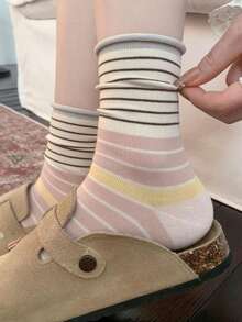 4 Pairs Korean Ins-Style Colorblock Striped Crew Socks, Retro Contrast Cuff Socks With School Vibe - Multicolor - View 7
