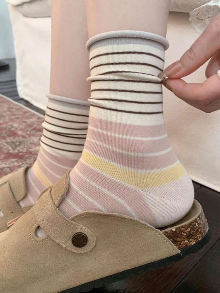 4双韩版潮流撞色条纹船袜，复古撞色袜口，学院风十足 - 彩色 - 查看 6