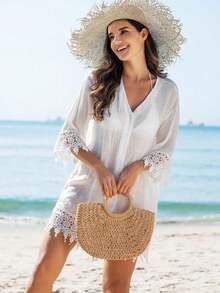 Swim Vcay Kimono cubrecuerpo para damas de un solo color con aplicaciones de encaje y botones delanteros - Blanco - Ver 4