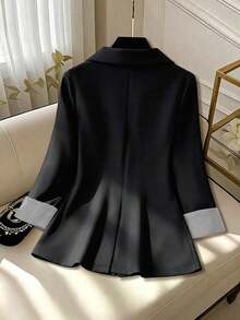 Clasi Blazer casual de mujer con puños a rayas y cuello desgastado - Negro - Ver 2