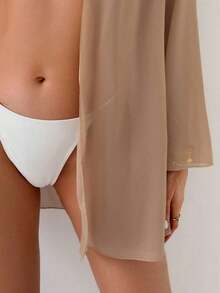 Swim Basics Kimono de manga larga de unicolor para mujer como cubierta casual - Caqui - Ver 3