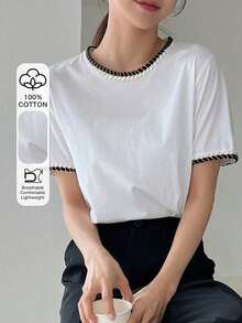 Camiseta De Manga Abullonada Con Ribete De Contraste - Blanco - Ver 10