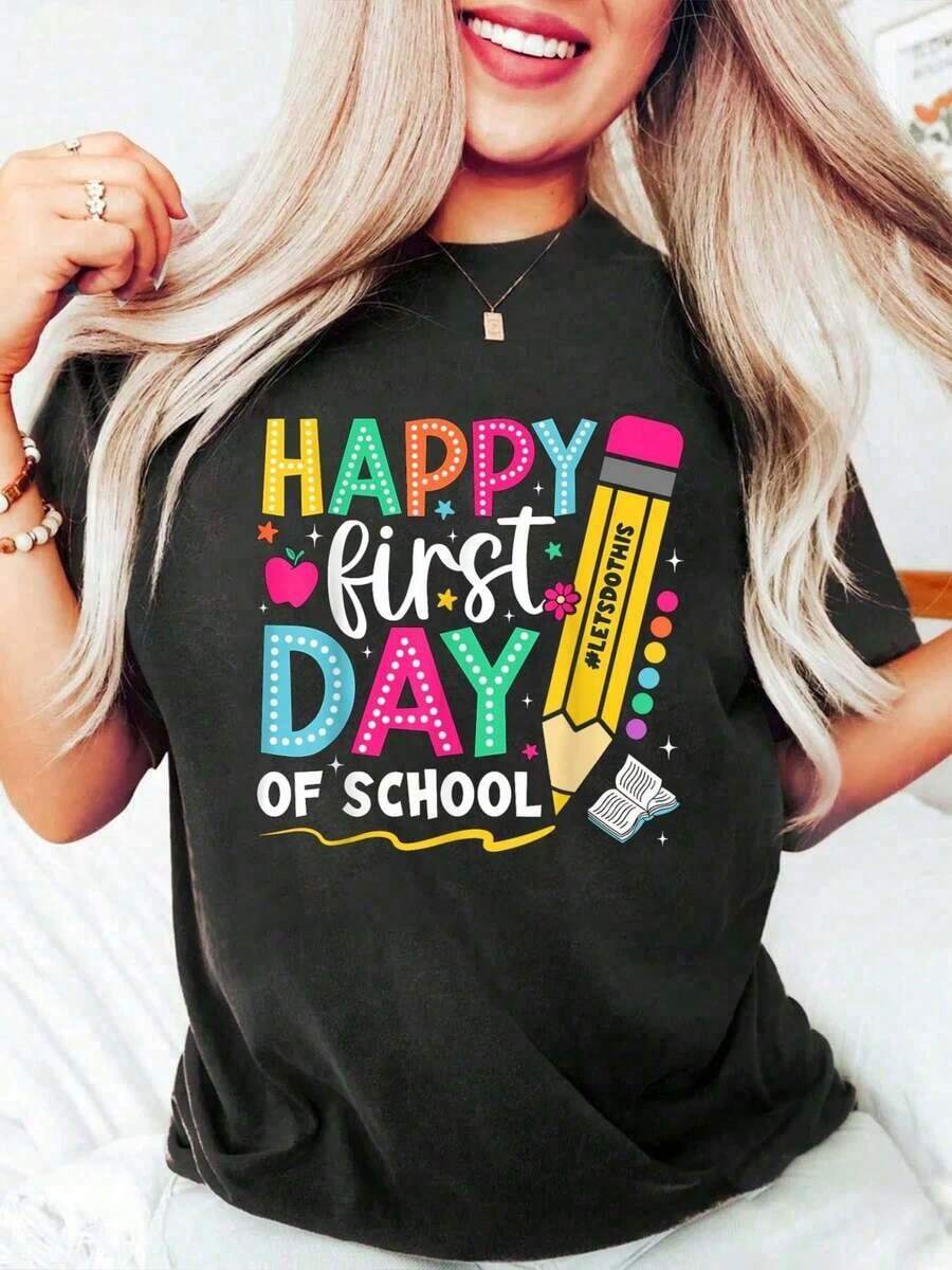 Women's Graphic Print Cotton T-Shirt, Round Neck, Short Sleeve, Casual Style, For The First Day Of School, For Teachers And Children. - 黑色 - 查看 1