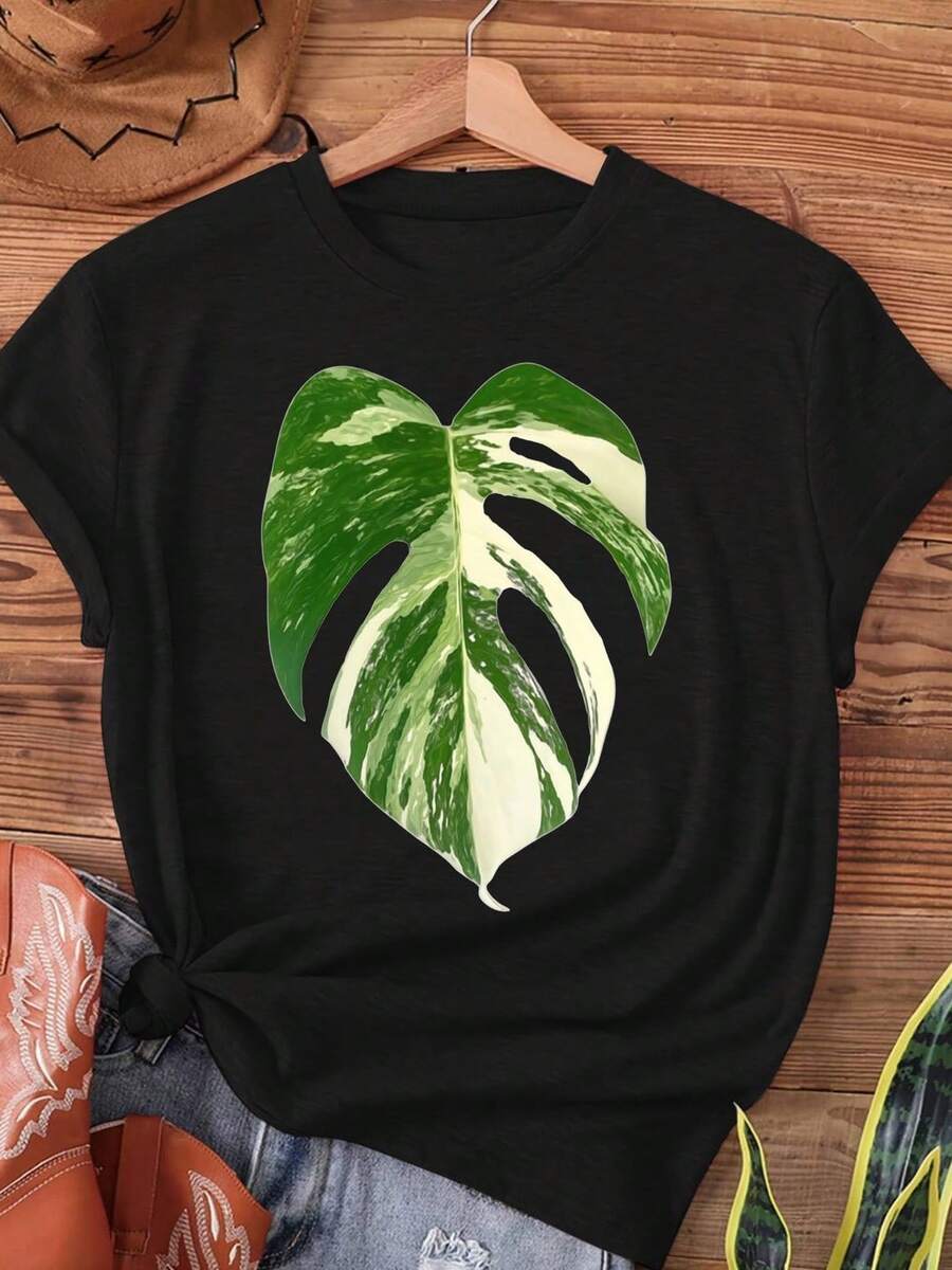 Limited Time Offer, Limited Quantity Available, Lightning, Women's Shirts, Women's T-Shirts Rare White Monster Plant Print T-Shirt, Gift For Indoor Plant Lovers, Casual Short Sleeve Round Neck Top, Ideal For Summer And Spring, Women's Clothing. - 黑色 - 查看 1