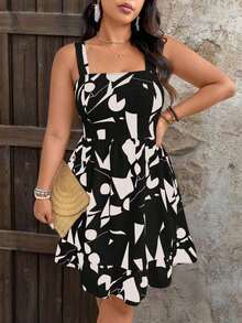 Vestido de talla grande con estampado, lazo en la cintura y decoración para mujeres de vacaciones - Rosa - Ver 3