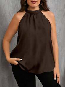 Camisa holgada minimalista de cuello halter azul marino talla grande, adecuada para el verano - Marrón - Ver 5