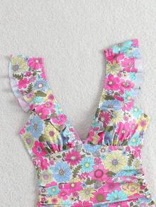 Swim Vcay Traje de baño de una pieza con volantes y lazo con estampado floral diminuto para mujer, traje de baño de una pieza para verano y vacaciones en la playa - Multicolor - Ver 7