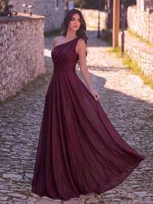 Elegante vestido formal de punto de un solo hombro, diseño plisado largo y elegante, adecuado para dama de honor o eventos formales como bodas - Burdeos - Ver 3
