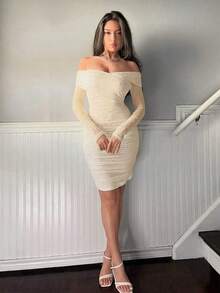 de mujer blanco con hombros descubiertos y perlas falsas, elegante vestido de mujer con contraste de malla, fruncido, cremallera, manga larga descubierta del hombro, ajuste ceñido, manga recta corta blanca, vestidos cortos sencillos de muj - Albaricoque - Ver 5