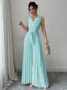 Mono plisado con diseño de chaleco cruzado elegante para mujer, color albaricoque, para primavera y otoño - Azul - Ver 1