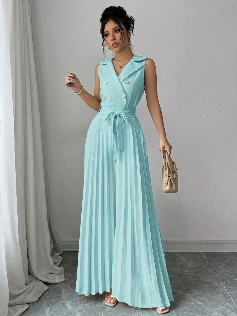 Mono plisado con diseño de chaleco cruzado elegante para mujer, color albaricoque, para primavera y otoño - Azul - Ver 1
