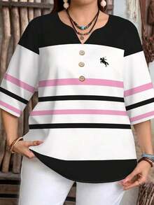 Camisa casual de manga corta a rayas en blanco y negro con botones delanteros, estilo preppy, para mujer de talla grande.Camisa de verano para mujer, estilo de vacaciones campestres, estilo bohemio para mujer. - Multicolor 2 - Ver 4