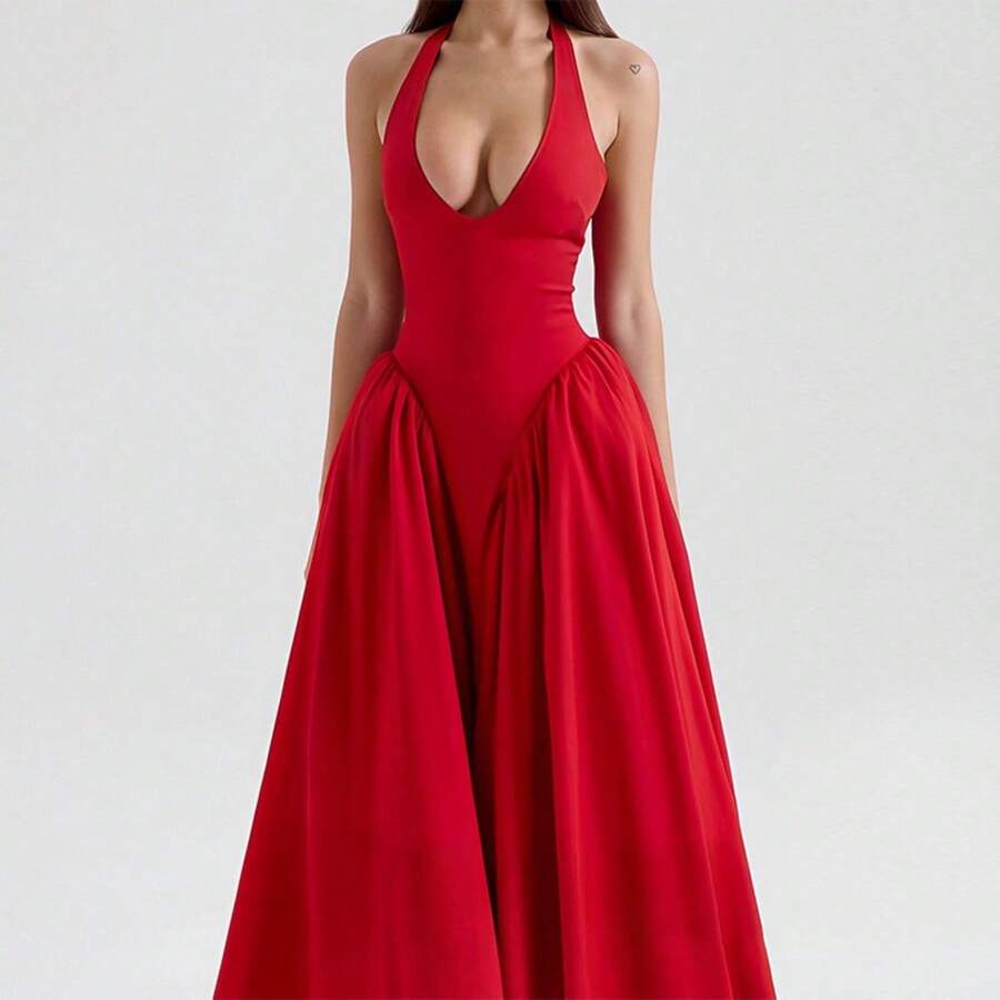 Elegant Women's Party Dress, New Spring Collection, V-Neck With Halter Straps, Sensual Style - 紅色 - 查看 1