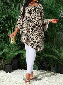 Blusa suelta y elegante de cuello redondo y manga 3/4 con acabado metálico sólido para mujer de talla grande.Atuendo de invierno térmico para Día de San Valentín, Año Nuevo y vacaciones, con estampado animal. - Multicolor 3 - Ver 3