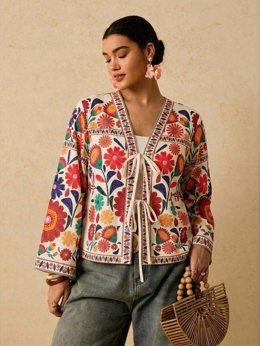 Camisa casual versátil de uso diario con estampado floral y nudo delantero para mujer de talla grande - Multicolor 3 - Ver 1