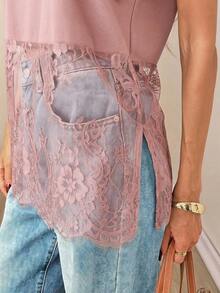 Top sin mangas de mujer con cuello redondo y dobladillo de encaje, primavera/verano - Rosa vieja - Ver 7