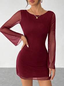 Vestido de malla con mangas de trompeta y espalda descubierta, nuevo y sexy para principios de otoño - Burdeos - Ver 7