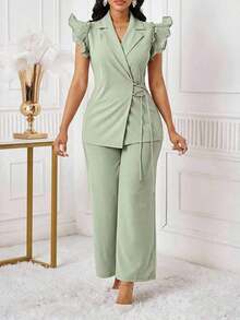 Conjunto de traje de mujer con blazer de manga con volantes rosa y pantalones elásticos de cintura alta para otoño/invierno - verde menta - Ver 6