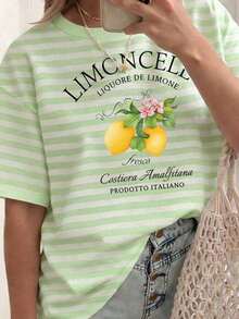 Camiseta de mujer de manga corta a rayas, diseño de cuello redondo suelto, lavable a máquina, adecuada para todas las estaciones, cómoda y linda, estilo retro. - Verde - Ver 3