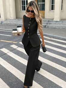 Set de 2 piezas para mujer con top sin mangas con botones delanteros lisos y pantalones largos, conjunto casual - Negro - Ver 9