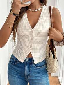 Frenchy Top de tanque casual de botones frontales de unicolor con textura para verano - Albaricoque - Ver 4